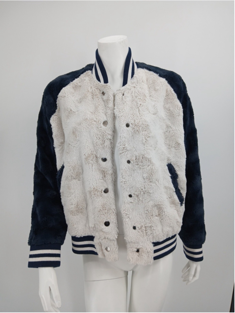 Rails Posey Faux Fur Bomber Jacket Navy Ivory Womens Size L Pockets